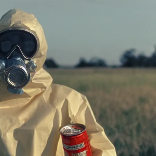 Prompt: a man wearing a hazmat suit and gasmask holding soda cans, film still, cinematic, enhanced