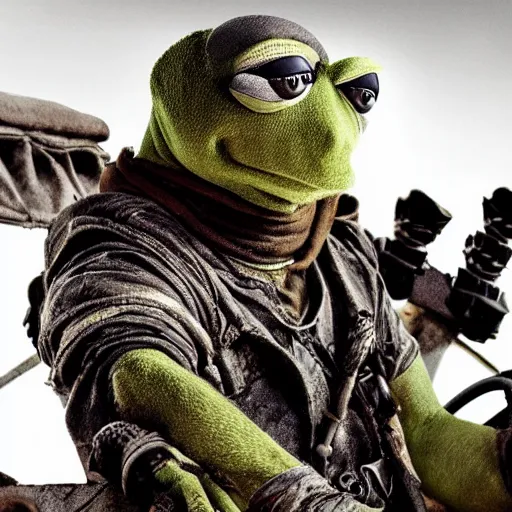 Image similar to kermit as a warlord in madmax fury road, 4 k, high detail, high - resolution photograph, professional photography, ultra - detail