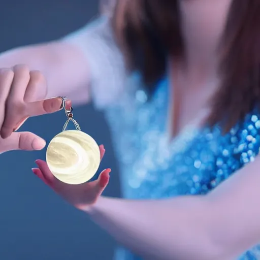 Image similar to closeup of a woman wearing a neckless with a glowing planet Saturn as the pendant, the rings are glowing around the planet, the woman's hand reaching for the pendant, in the style of Disney frozen