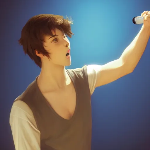 Prompt: a handsome young man with sandy brown hair and blue eyes singing into a neon blue microphone headset posing on stage. dynamic!! pose. gesture drawing. concert. cinematic lighting. wide shot photorealistic. hyper realism. ray tracing hdr. intricate detailed masterpiece. by bouguereau and shigenori soejima. lifelike.