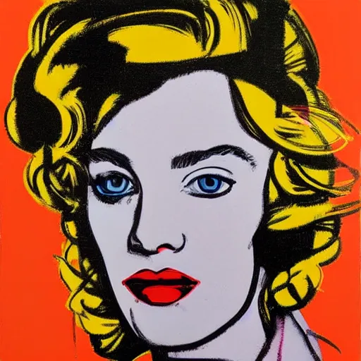 Prompt: beautiful female portrait in oil by james jean, by andy warhol, by roy lichtenstein, by egon schiele