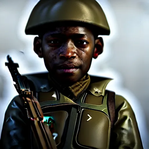 Image similar to young boy soldier, sad, ominous, horror, octane render, by wangechi mutu, unreal engine, by weta digital, by weta fx, cinematic, dramatic, photography, portrait, ray tracing reflections, ray traced, post processing, post - production, tone mapping, cgi, vfx