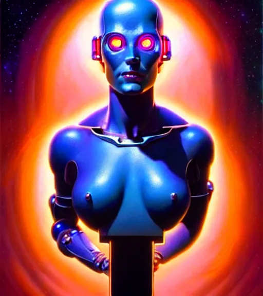 Prompt: female cyborg with enhanced parts award winning portrait bust symmetry faded tetrachromacy colors arctic background tim hildebrandt wayne barlowe bruce pennington donato giancola larry elmore masterpiece trending on artstation cinematic composition beautiful lighting hyper detailed!!! 8 k oil on canvas