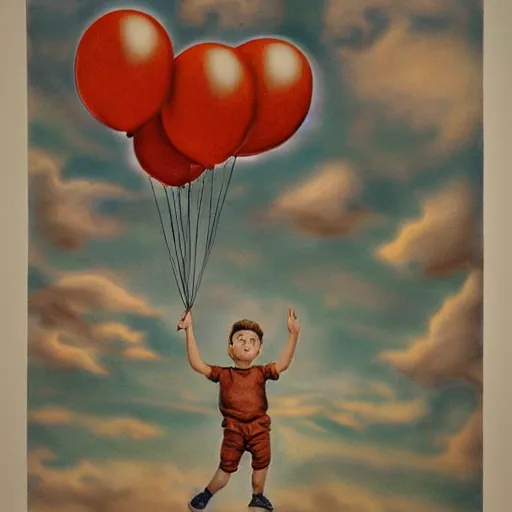 Prompt: boy holding balloons in the sky floating towards the sun, cloudy misty sky, hyper realism, highly ornate intricate details, 1 9 2 0's colored pencil, very sharp photo,