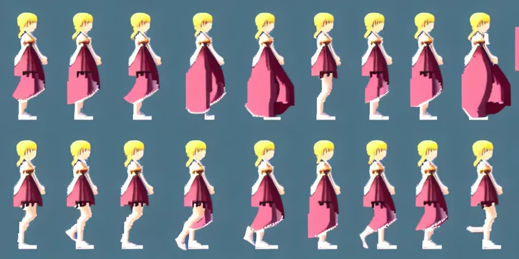 Prompt: walking animation sprite sheet of a girl in a renaissance dress, walking to the right, each sprite is a different frame of the animation, in the style of final fantasy games, side view of her taking steps, accurate walk cycle, walk cycle, walk cycle