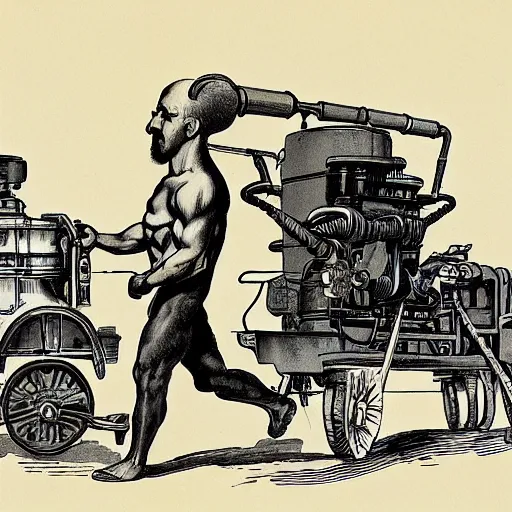Image similar to a muscular bald man carrying engines on his back, technical diagram, diesel engine, gasoline engine, combustion engine