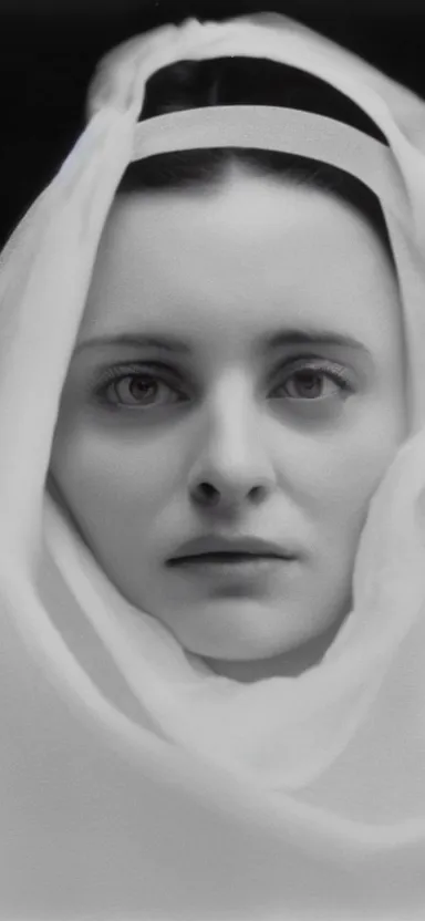 Image similar to filmstill photography of female face covered with white translucent blanket