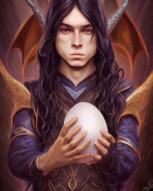 Image similar to portrait of elven boy mage with long black hair holding dragon egg by artgerm modern fantasy 4 k ultra high resolution