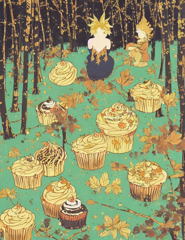 Prompt: spirit of cupcakes lost in a forest. this gouache and gold leaf work by the award - winning mangaka has a beautiful composition and intricate details.