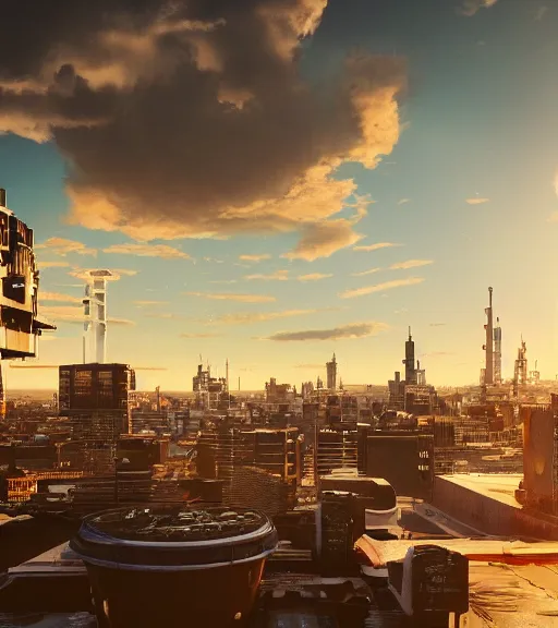 Image similar to sci - fi city rooftop view, blue sky, highly detailed, beautiful light and sunset, realistic, octane render