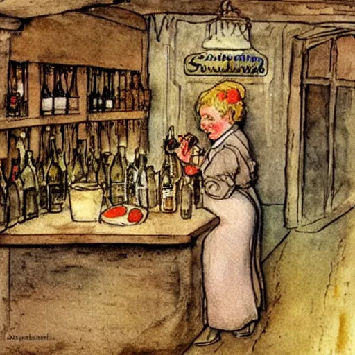 Image similar to hot blonde working in a wine cellar, food, pork, beer, schnapps, rustic, traditional, torches on the wall, watercolor by carl larsson