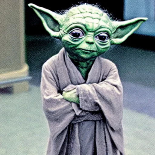 Image similar to a picture of Yoda’s first day of kindergarten. Yoda looking up towards the camera.