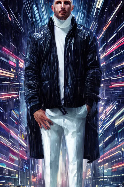 Prompt: extreme long shot. 35 years old blonde russian man in white adidas pants. black letaher jacket. white sneakers. hangover face. staying on the street. 4k, 8k, hyprerealistic, extreme hight detail, trending on artstation, masterpiece. bladerunner 2049 colors. colourful. psychedelic colors
