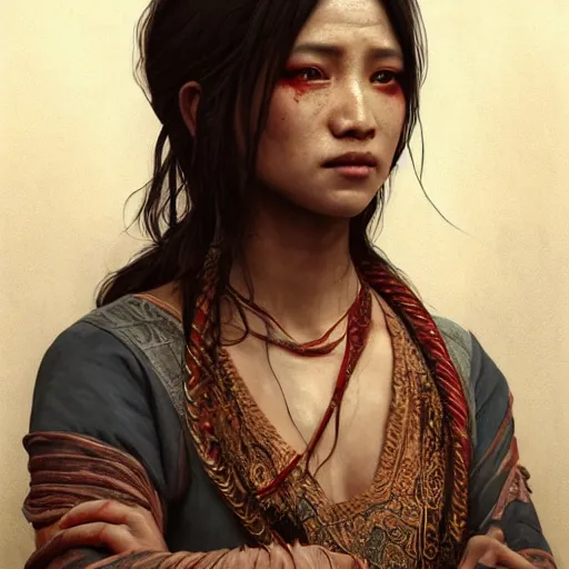 Prompt: portrait painting of a bloodied nepali female butcher, ultra realistic, concept art, intricate details, eerie, highly detailed, photorealistic, octane render, 8 k, unreal engine. art by artgerm and greg rutkowski and alphonse mucha