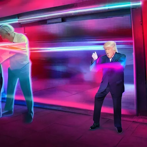 Image similar to donald trump and joe biden fighting inside of a car wash with neon lighting, 4k realistic photo