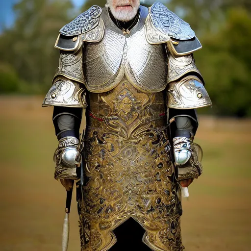 Image similar to a high resolution 35mm realistic photograph of an old man wearing a suit of ornate ceremonial armor. The armor is detailed and regal with a large hemp leaf pattern on the chest plate. Dynamic composition with natural lighting in a battlefield setting