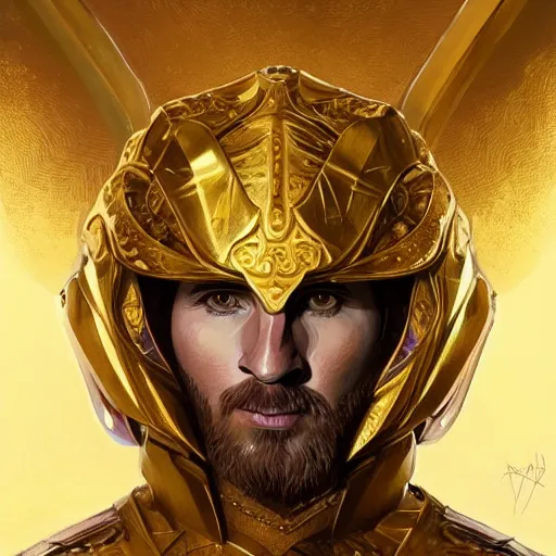 Image similar to Lionel Messi wearing a beautiful golden armor, D&D, fantasy, intricate, elegant, highly detailed, digital painting, artstation, concept art, matte, sharp focus, illustration, art by Artgerm and Greg Rutkowski and Alphonse Mucha