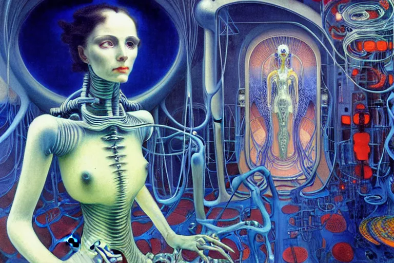 Image similar to realistic extremely detailed portrait closeup painting of a ghost woman with supercomputer robot, futuristic sci-fi city on background by Jean Delville, Amano, Yves Tanguy, Alphonse Mucha, Ernst Haeckel, Edward Robert Hughes, Roger Dean, rich moody colours, blue eyes