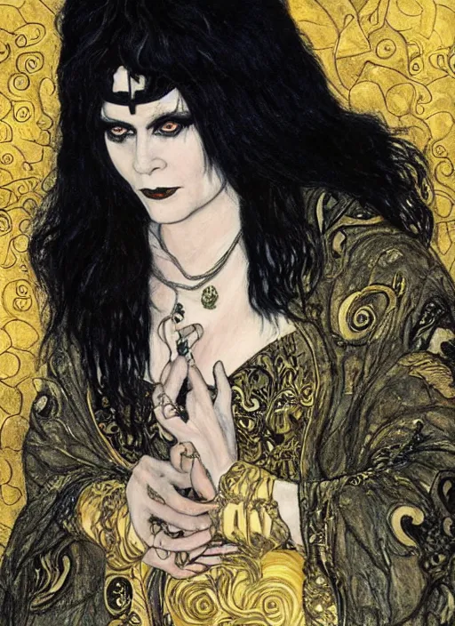 Prompt: painting of theda bara as a sorceress, wearing a black cloak, gothic, messy hair, in the styles of charles vess and gerald brom and gustav klimt