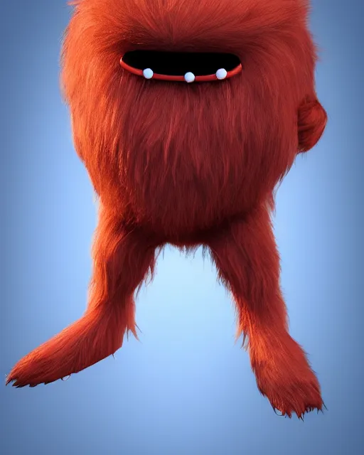 Image similar to 3 d render of completely red hairy friendly antropomorphic cartoony creature wearing chrome shades, without nose, full body, simple, cute, white background, unreal engine 5 hdr