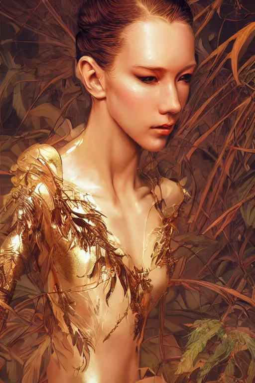 Prompt: stunningly beautiful, cyborg prima ballerina in jungle, symmetrical face, golden hour, smooth, focus, highly detailed, hyper realistic, dramatic lighting, elegant, intricate, concept art, art by wlop, mars ravelo, greg rutowski, artstation