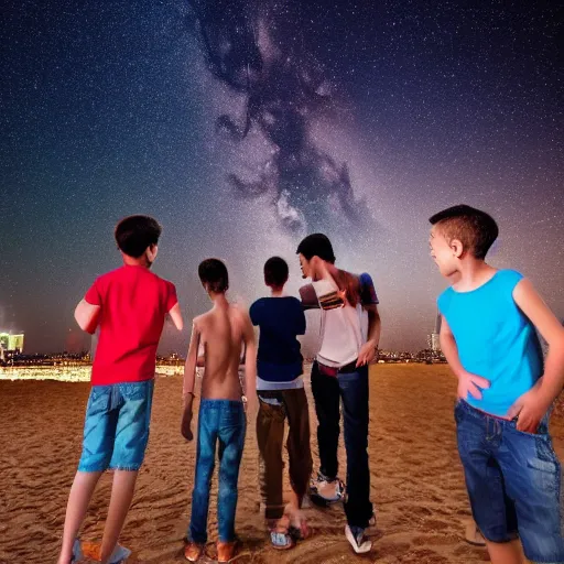 Image similar to a group of five boys enjoying in Dubai while looking at stars and milkyway detailed picture hd