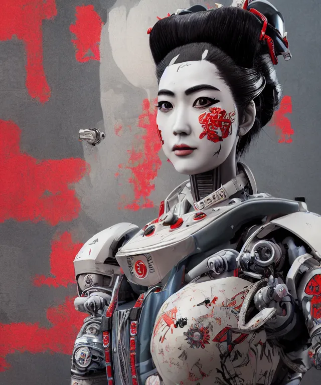 Prompt: an epic fantastic realism comic book style portrait painting of a japanese robotic geisha with kanji tattoos and decals, apex legends, octane render, intricate detail, 4 k hd, unreal engine 5