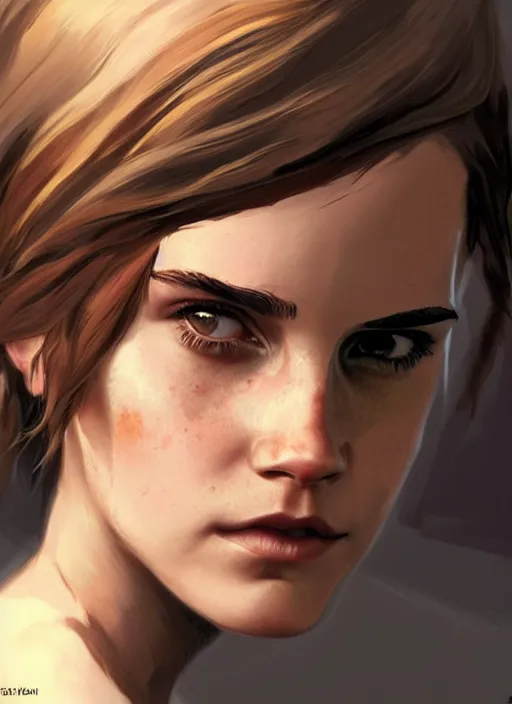 Image similar to greg rutkowski highly detailed portrait of emma watson gta 5 art, unreal engine, hot, fantasy art by stephen bliss