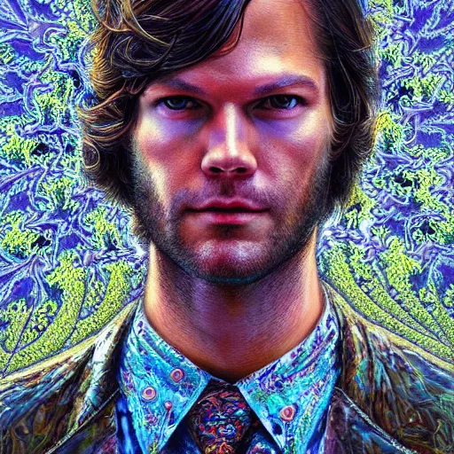 Image similar to portrait of jared padalecki, hyper detailed masterpiece, neon floral pattern, jean giraud, digital art painting, darkwave goth aesthetic, psychedelic, artgerm, donato giancola and tom bagshaw