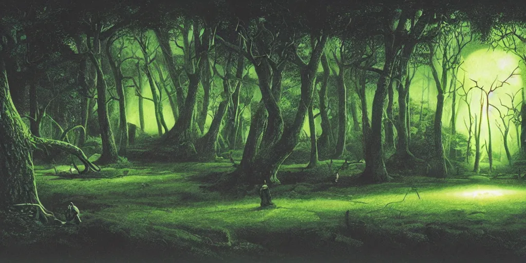 Prompt: Artwork by Tim White of the cinematic view of the Woodland of the Dark Lord.