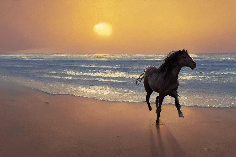 Image similar to a horse running on the beach at sunset by greg rutkowski