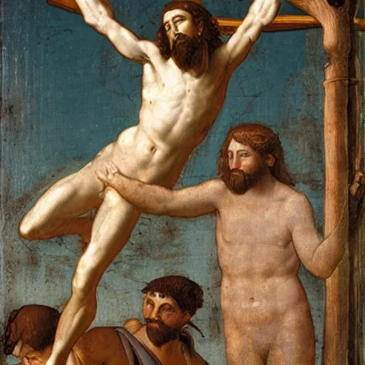 Image similar to jesus on his cross with a snorkel swimming in a pool with water up to his waist in the michel angelo style