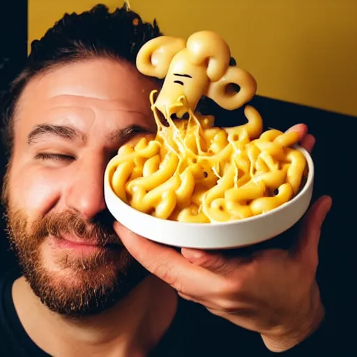 Image similar to a man with mac n' cheese streaming out of his eyes, nose, mouth and ears. photograph. delicious.