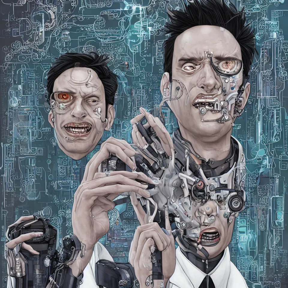 Image similar to A portrait of one! latino mad scientist male with cyborg face looking at the camera with a queasy smile!!, wearing a black suit under a white laboratory coat, in a mixed style of Botticelli and Æon Flux!!, inspired by Simon Stålenhag paintings, and cyberpunk!!!, stunningly detailed, stunning inking lines, flat colors, 4K photorealistic