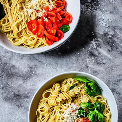 Prompt: italian pasta fighting ramen noodles for kitchen supremacy