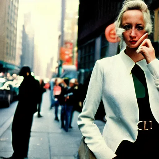 Prompt: street photography portrait of a woman in a suit in the streets of new york, 1 9 6 0 s, colour film street photography, photo taken with ektachrome, featured on flickr, photographed on damaged film