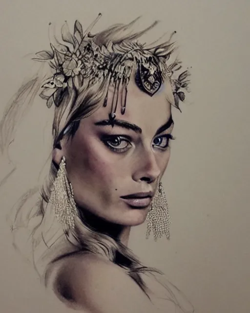 Image similar to realism tattoo sketch of margot robbie as a beautiful greek goddess aphrodite with piercing eyes wearing a laurel wreath and triangle earrings, in the style of greg rutkowski, amazing detail