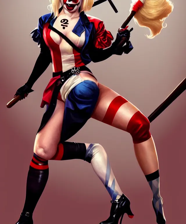 Image similar to Caricature of Margot Robbie as Harley Quinn, fully dressed. Full bodied pose, with baseball bat, highly detailed, digital painting, artstation, concept art, smooth, sharp focus, illustration, art by artgerm and greg rutkowski and alphonse mucha