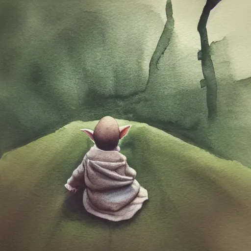 Image similar to view from above, shot from 5 0 feet distance, baby yoda on a well lit path in a dimly lit forest. dramatic clouds, setting sun, watercolor and ink, muted color. minimalist, detailed ue 5