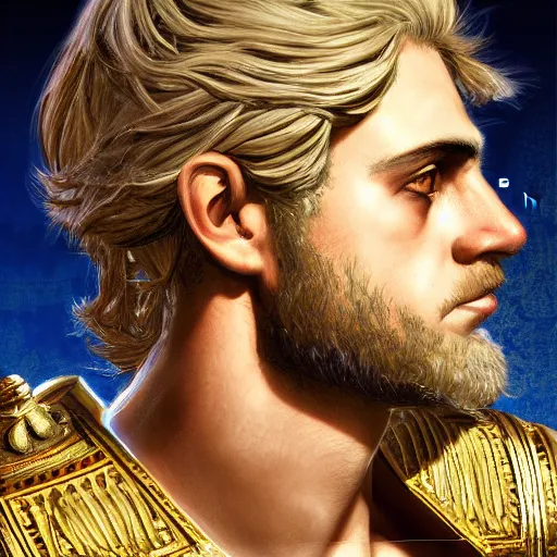 Image similar to portrait of alexander the great with a smug face, illustration by yoshitaka amano, vivid colors, extremely detailed, hd, 8 k, artstation