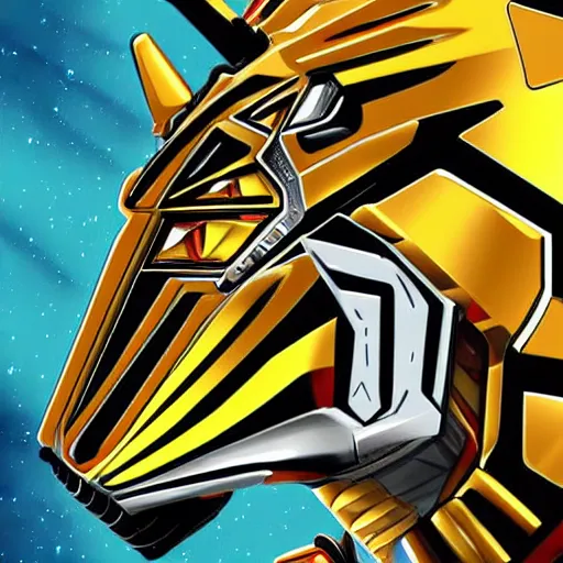 Prompt: metallic / chrome tigerzord in the style of james white. epic illustration.