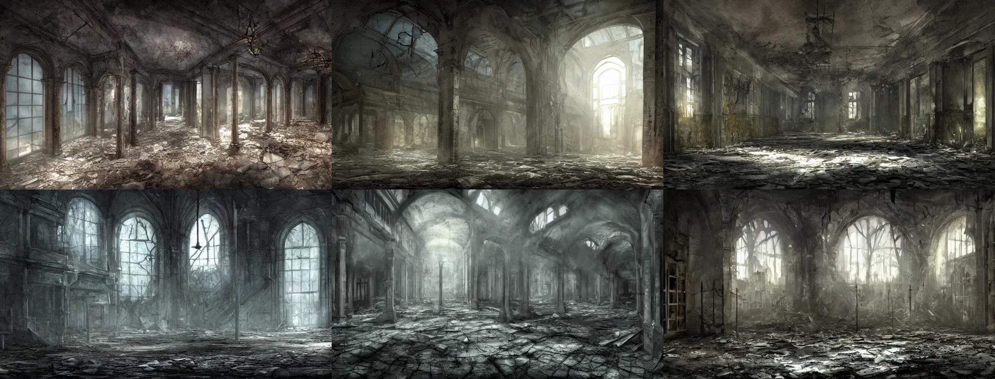 Prompt: Dark Souls concept art of the interior of an abandoned hospital, dark, wide shot, hyper realistic, color harmony, vibrant, 4k, artwork, digital art