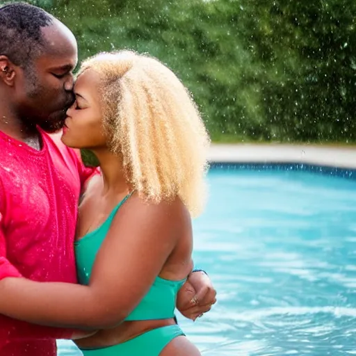 Image similar to african american man and blonde woman kissing in the rain at a pool.