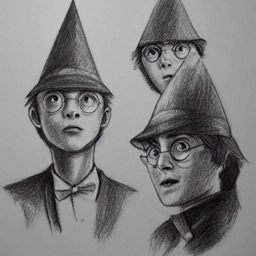 Image similar to pencil drawing bunch of charachters from harry potter looking at each other