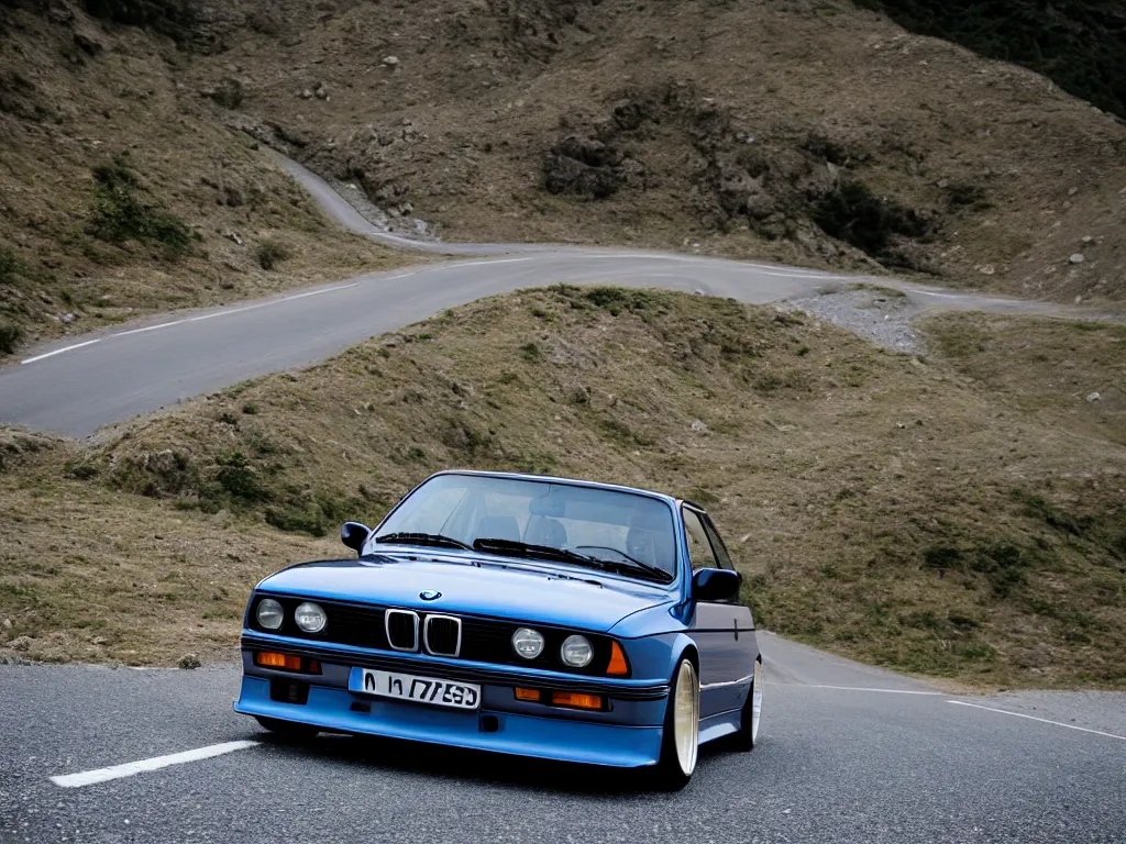 Image similar to a modified bmw e 3 0 with lights on a mountain road, motion blur, 3 5 mm photography, car photography, clean lines, realistic