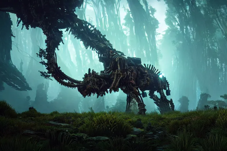 Image similar to wide epic shot from horizon forbidden west. a hyper detailed organic mechanic creatuve realistic similar look as horizon forbidden west horizon zero dawn, bioluminiscence in a dark deep forest at dawn in spring, with reflection and textures, by kilian eng, substance painter reaslitic mech surface metal painted scratches, world env from horizon forbidden west horizon zero dawn