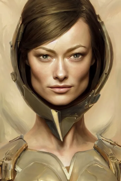 Image similar to a professional painting of a young Olivia Wilde, clothes in military armor, olive skin, long dark hair, beautiful bone structure, symmetrical facial features, intricate, elegant, digital painting, concept art, smooth, sharp focus, illustration, from StarCraft by Ruan Jia and Mandy Jurgens and Artgerm and William-Adolphe Bouguerea