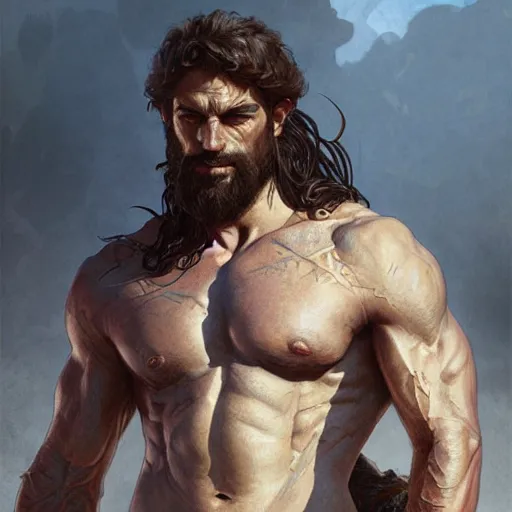 Image similar to portrait of a rugged warrior, muscular, upper body, hairy torso, D&D, fantasy, intricate, elegant, highly detailed, digital painting, artstation, concept art, matte, sharp focus, illustration, art by Artgerm and Greg Rutkowski and Alphonse Mucha