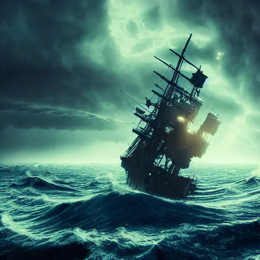 Image similar to ghost ship on a stormy sea with galaxies in the sky ,highly detailed, 4k, HDR, award-winning, artstation, octane render