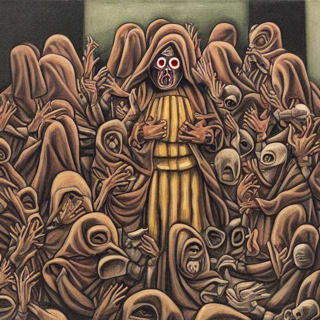 Image similar to several hooded disciples in purge masks, gathered in a brutalist courtyard, performing incantations over a fire in a barrel, by PJ Crook, oil on canvas